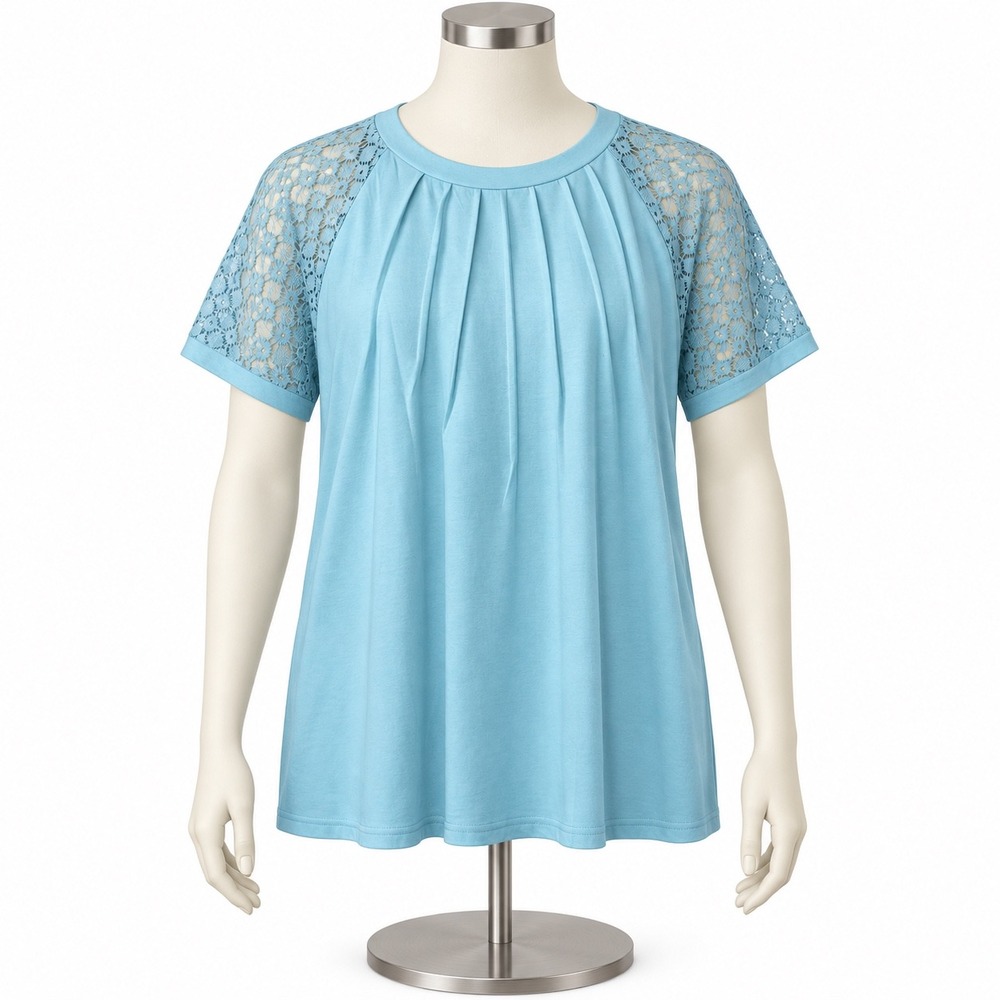 T&C Apparel Light Blue Lace Raglan Sleeve Pleated Neck Boutique Top XL